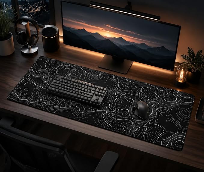 Extended Large Gaming Mouse Pad 29.5x16 Inch,Topographic Map Lines Desk Mat | Contour Geographic Background Design with Non-Slip Rubber Base, Large Mousepad for Gaming, Office, Laptop & Computer PC