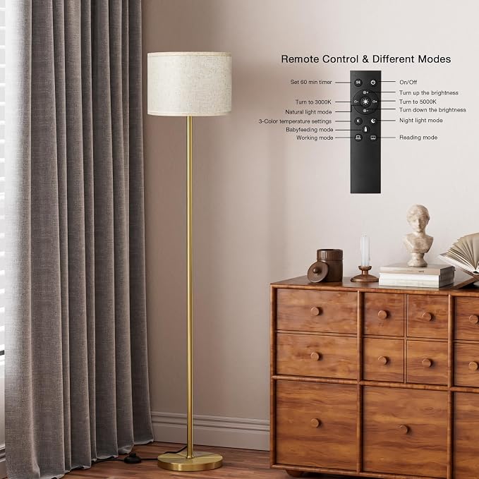 60'' Modern Floor Lamp with Remote, Tall Lamps for Living Room, Bedroom, Office, Dining Room, Beige Shade with Gold Pole(Included Bulb)