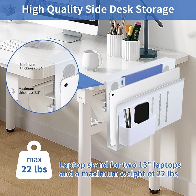 LUKETURE Desk Side Storage, Steel Side Desk Organizer, No Drill Laptop Holder, Clamp on Laptop Mount with Pen Holder, Table Hanging Storage for Home Office, Fits Flat Edge Tables 0.3" to 2.8" | Steel Side Desk Organizer, Clamp on Laptop Mount with Pen ...