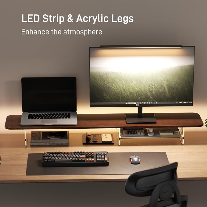 Dual Monitor Stand 43 Inch Extra Large Monitor Riser for Desk, Acrylic Clear Legs Desk Organizer Shelf with Felt Lining Storage Drawer, Compatible with Computer Laptop PC Printer Flat Screen TV