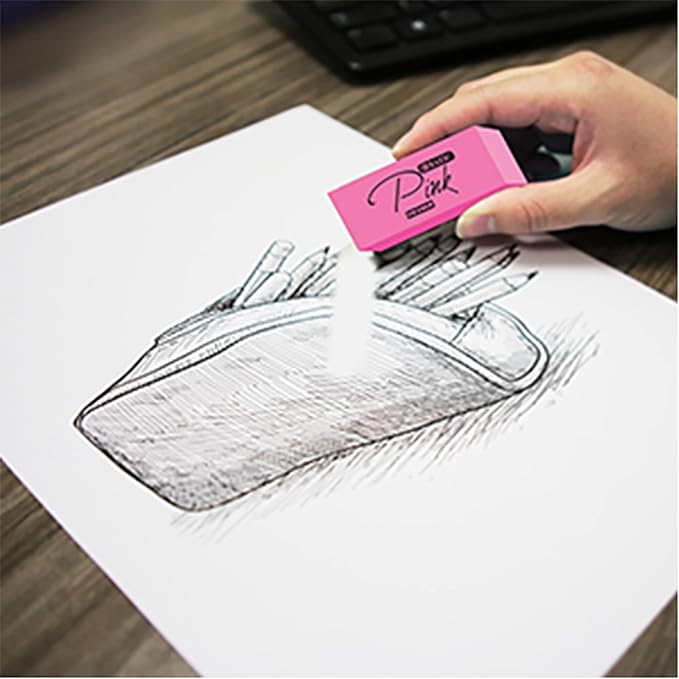BAZIC Products Pink Eraser, Latex Free Bevel Block Erasers, Large Size for Classroom, Office, and Art Use, Smooth Pencil Correction for Writing, Sketching, & Daily Tasks, 4 Count (Pack of 4)