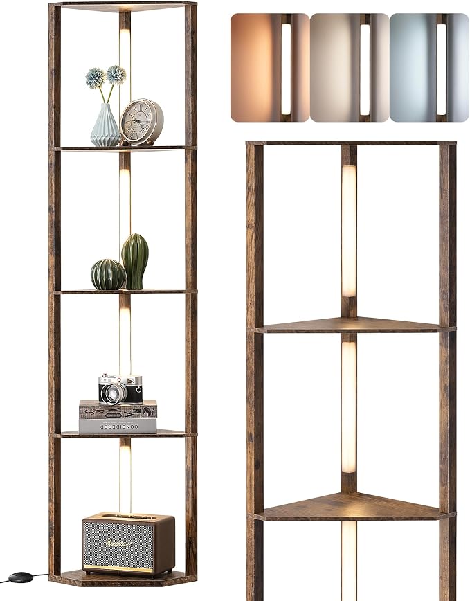 EDISHINE 64'' Corner Shelf Floor Lamp, 3CCT, Corner Floor Lamp, Burlywood | Stepless Dimmable, Foot Switch, 4-Layer Shelf, for Living Room, Bedroom, Apartment, TV Stand, Entryway Table, Conference room
