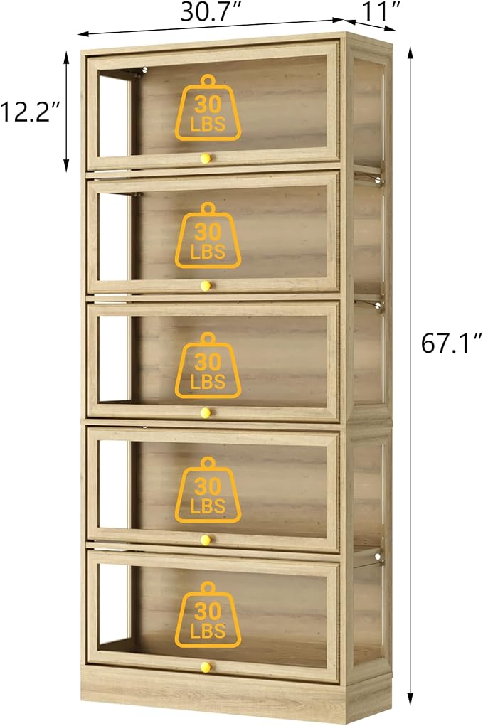 Display Cabinet with Acrylic Glass Doors,5-Tiers Curio Cabinet with LED Lighting for Collectibles, Collectibles Toy Organizers Rack & Display Shelf Display Case Storage Cabinet, Nature