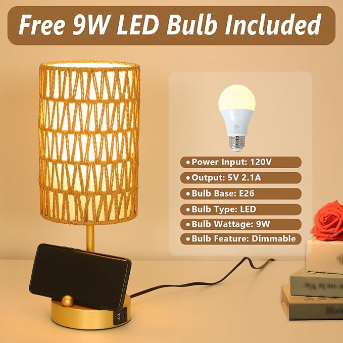 Gold Bedside Lamps Set of 2, Touch Control Night Stand Lamp for Bedroom with Rattan & Linen Shade & Bulbs, 3 Way Dimmable Small Boho Table Lamps with USB Charging Port & Phone Stand