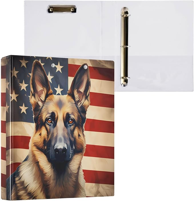 3 Ring Binder, American Flag German Shepherd Dog File Folder Holds 200 Sheets File Storage for Women Men School Office Supplie