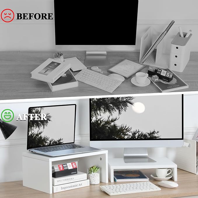 TEAMIX 2-Pack White Monitor & Laptop Stand Riser, High-Low Dual Monitor Set | Stacked/Separate Use, Adjustable Computer Stand for 2 Monitors, Holds 80Lbs, Wood Desk Organizer, for Home Office, Gaming