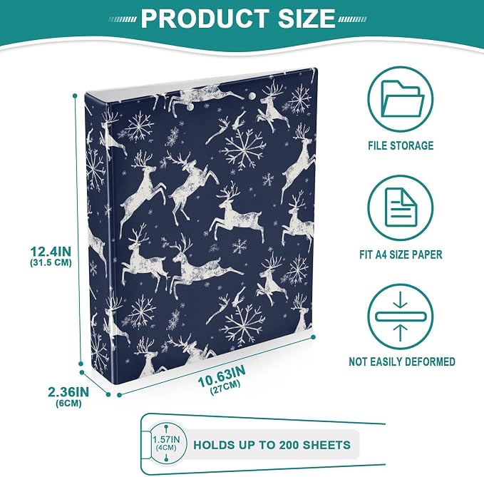 Rustic Winter Reindeer Snowflake Navy Blue 3 Ring Binder 1.5" Decorative D-Ring Binder with Clipboard&3 Clear Pockets, Holds 200 Sheets A4 Size Paper Waterproof Binders for School Home Office|2 Pack
