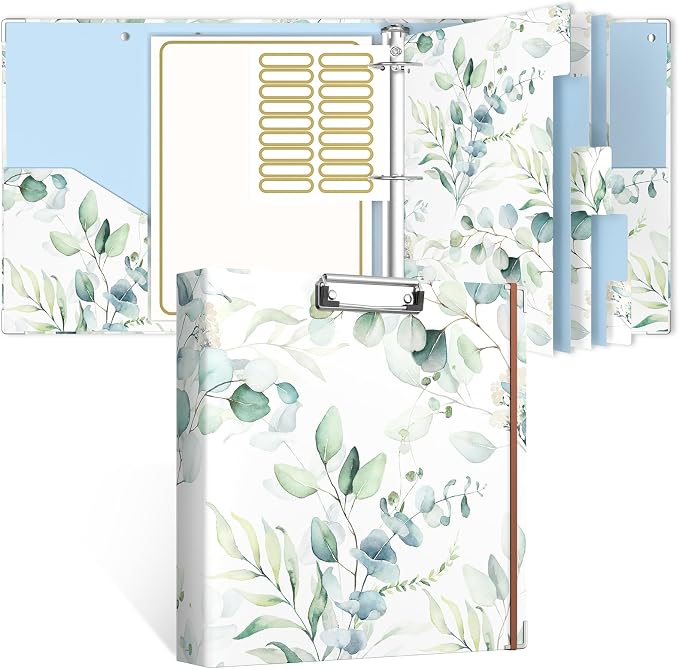 Rouidr 3 Ring Binder, 2 Inch Round Ring Binder Organizer with Clipboard, 5 Dividers Tabs, A4 8.5 x 11 Inch Paper & Clear Sleeves for School, Office Supplies, Eucalyptus Leaf
