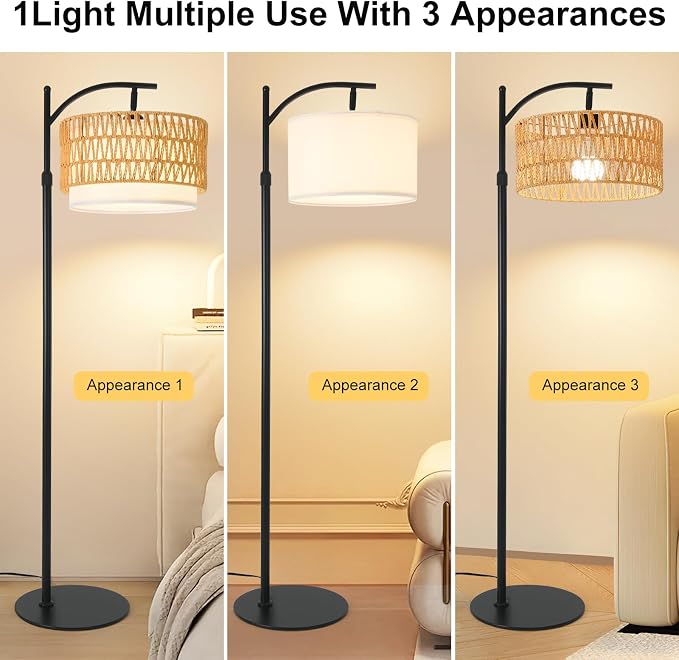 Rustic Black Farmhouse Floor Lamp with Woven Rattan Shade - 12W LED, Remote & Dimmable 3-Color Temp, Tall Standing Lamp for Living Room