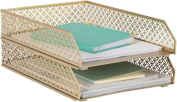 BLU MONACO | Paper Tray Stackable Gold Set of 2 | Stackable File Trays for Desk Organization | Tiered Desk Organizer with Metal Letter Trays