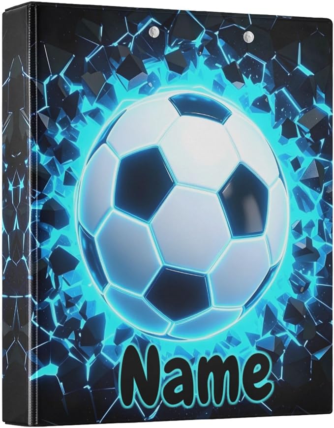Custom 3 Ring Binder 3D Soccer Football Blue 1.5" Round Ring Binders Personalized Name View Binder with 200 Sheet for Kids School Supplies Women Men Office, 1 Pack
