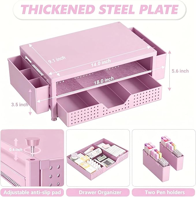Desk Organizers and Accessories, Computer Monitor Stand Riser with Drawer and 2 Pen Holders, Printer & Laptop Stand, Office Desk Accessories & Workspace Organizers for Home Office Supplies, Pink