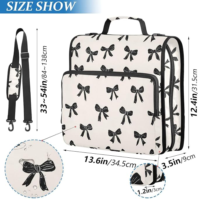 Aslsiy Zipper Binder Bag for Girls Boys Black Bows on Beige 1.5 inch 3-Ring Binder Organizer with Shoulder Strap for School Office Supplies