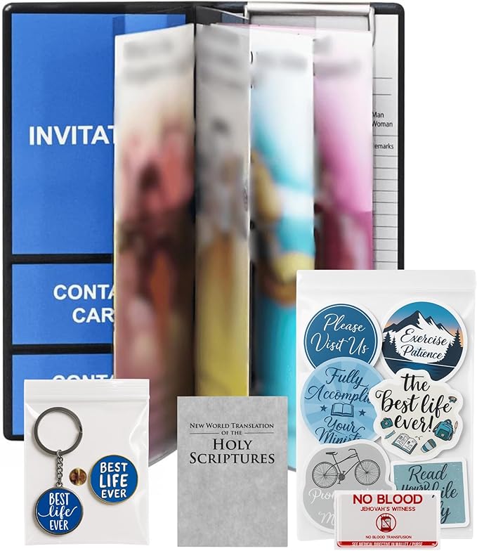 Jehovah Witness Ministry Supplies, JW Gifts Tract Holder JW.org Accessories | 7 pcs Bundle for Jehovahs Witnesses Pioneers, No Blood Sticker, Tract Holder, Pin, Keychain, Pad, JW Field Service Supplies