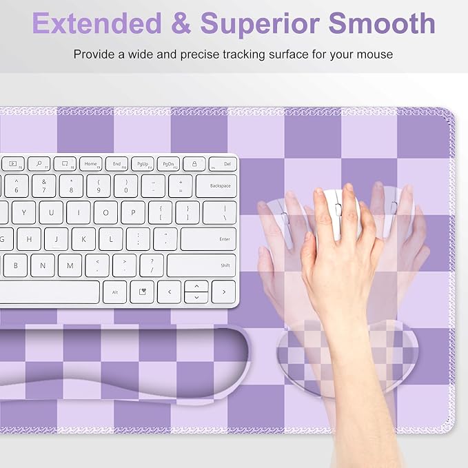 Large Gaming Mouse Pad Set, 4 in1 Ergonomics Keyboard Desk Mat with Memory Foam Wrist Rest, Extended Game Mousepad, Non-Slip Desk Pad Matt Easy Typing Pain Relief I Light Purple Checkered