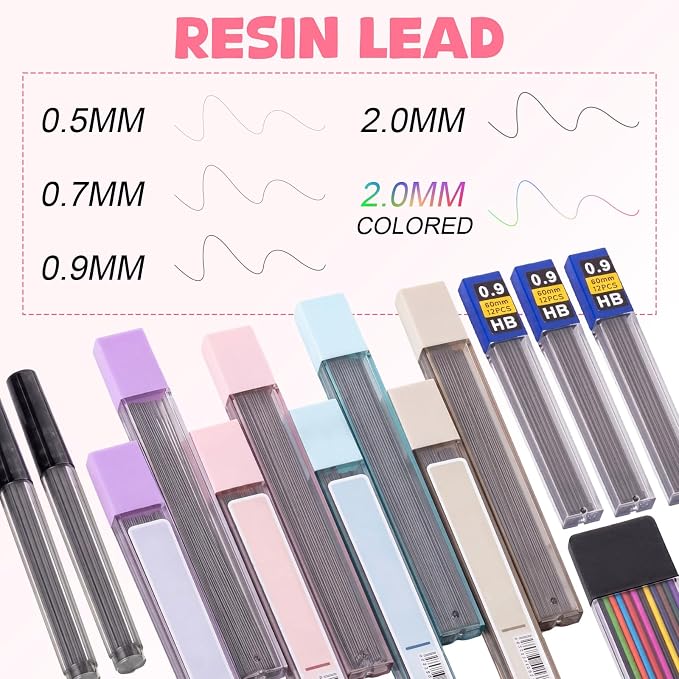 Eersida 47 Pcs Aesthetic School Supplies with Cute Pen Case, Mechanical Pencils 0.5mm, 0.7mm, 0.9mm & 2.0mm with Leads and Eraser Refills, Wood Pencils #2, for Writing, Drawing & Drafting (Pink)
