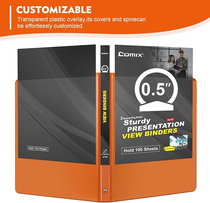COMIX Sturdy 0.5 Inch 3 Ring Binder with Clear View Cover | 0.5"Heavy Duty Round Ring,PVC-Free Board,Holds 100 Letter Sheets,Wholesale for Offices & Classrooms,6 Pack (Orange)