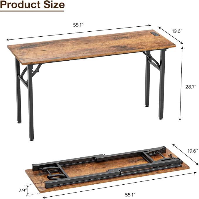 1TEMI Long Computer Desk Folding Table - No Assembly, Compact 55.1" Foldable Desk with Power Outlets & USB Charging Port, Portable Lagre Office Desk, Ideal Large Study Table for Narrow Spaces, Brown