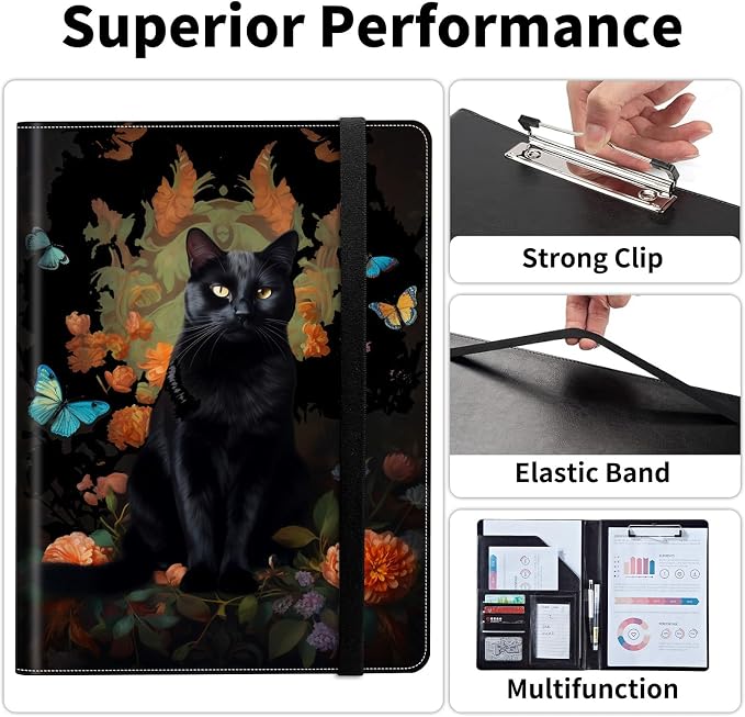 Padfolio/Portfolio Folder Clipboard,Padfolio Clipboard,Writing Portfolio Leather with Cover for Card Holder Slot Letter Size A4 for Office Conference Notepad Clip Boards,Black Cat Butterfly Flowers