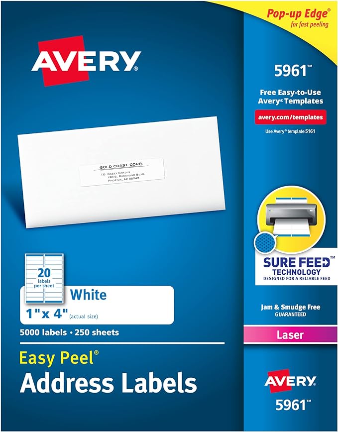 Avery Easy Peel Printable Address Labels with Sure Feed, 1" x 4", White, 5,000 Blank Mailing Labels (05961)