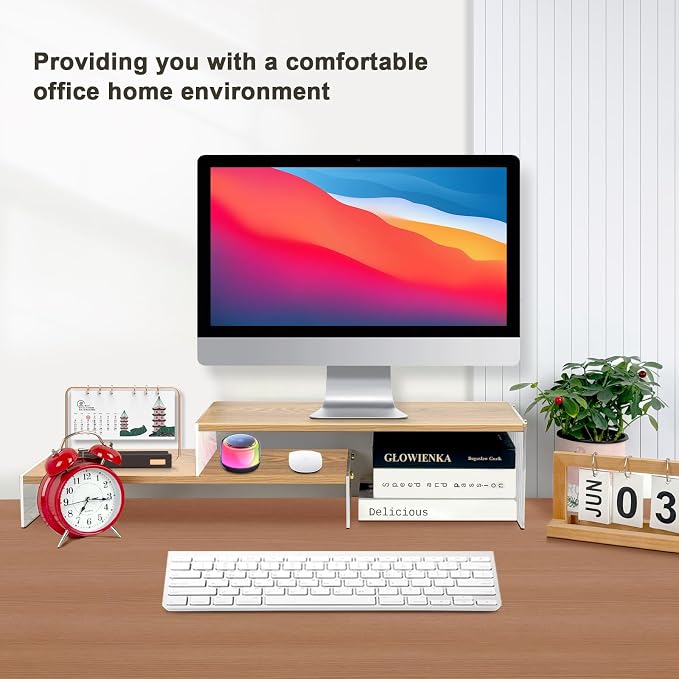 YGYQZ Adjustable Monitor Stand Riser, 7.67"×19.3" Dual Monitor Desk Stand | Adjustable Monitor Riser, Expandable Desk Organizer, 2-Tier Storage, Acrylic Legs, Ergonomic Workspace, Wood Wavy