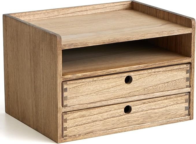 KIRIGEN Wooden Desk Organizer with 2 Drawers and Top Tray, Brown 3D2C-DBR | Three-Tier Desktop Storage Cabinet Stores Papers, Office Supplies, Cosmetics, Crafts, and Small Accessories for Home Office