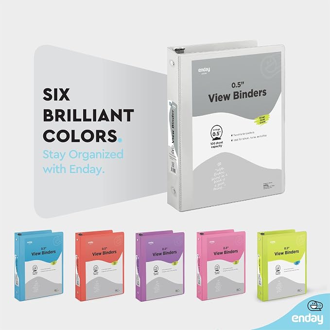 Enday 1/2 inch Binder 3 Ring Binder (6 Pack - Grey) O-Ring Binder with Clear View Cover and 2 Inside Pocket - for Letter Size 8.5 x 11'' Paper, Ideal for School Supplies, Office, and Home