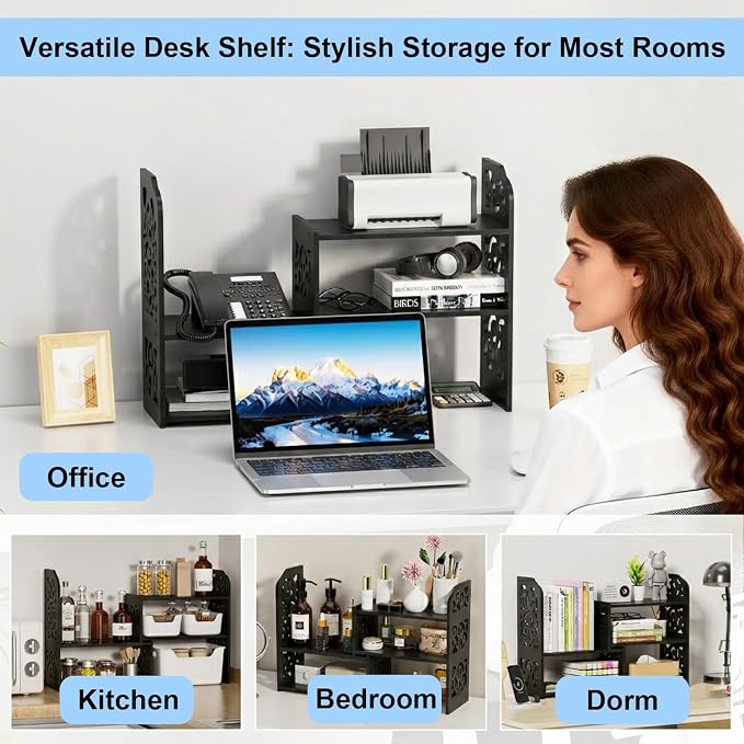 YGYQZ Adjustable Desktop Shelf Organizer, 3-Tier Expandable Desk Shelf, Black Pattern