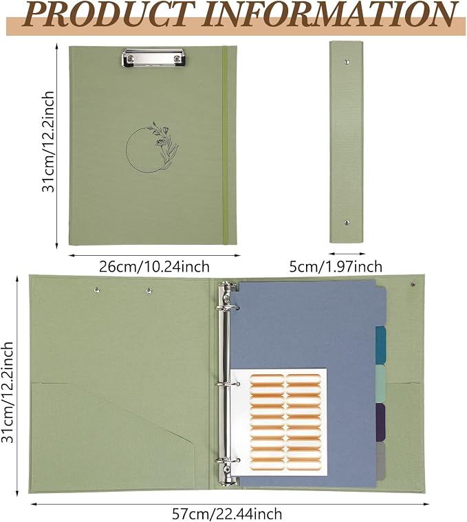 2 Pcs 3 Ring 1 Inch Linen Binder Organizer for 8.5" x 11" Letter Sized Paper Clipboard Binders with Pockets, Tab Dividers, Labels Stickers for School Office Supplies