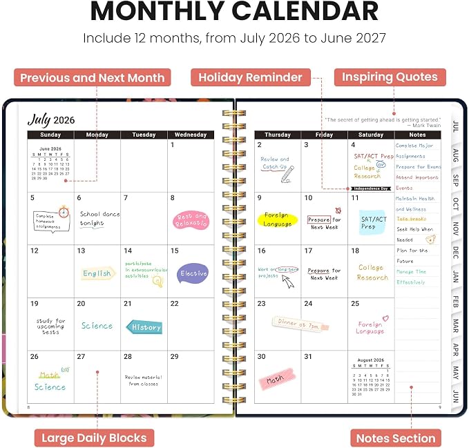 Planner 2026-2027, Academic Year Monthly & Weekly Planner Caledndar, July 2026 - June 2027, Hardcover Large Planning Agenda Book with Tabs for School Office Supplies, 8.5" x 11" - Humming Glow