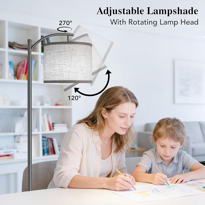 Floor Lamp for Living Room with 3 Color Temperatures LED Bulb, Standing Lamp Tall Industrial Floor Lamp Reading for Bedroom, Office (9W LED Bulb, Beige Lampshade Included) -Grey