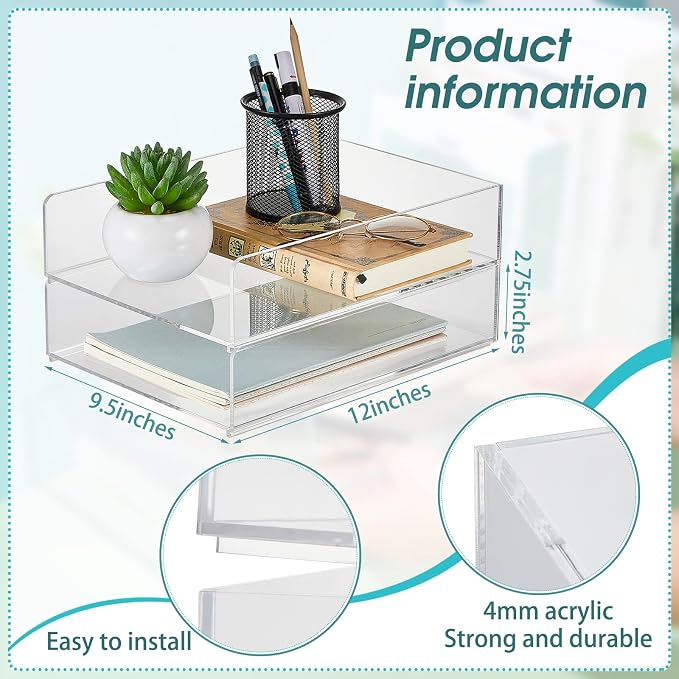 2 Pcs Acrylic Desk Organizers and Accessories Tier Paper File Organizer Tray Stackable Document Clear Desk Accessories for Office Workspace Organization (12.01 x 9.25 x 2.68 Inch)