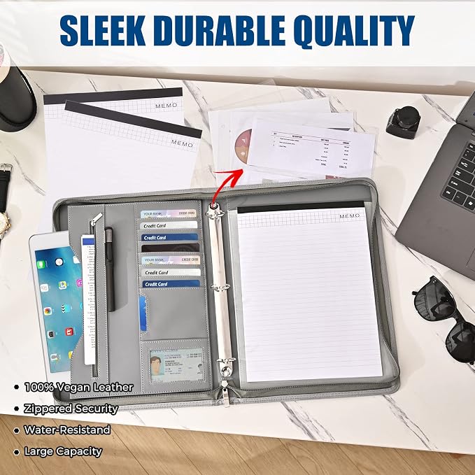 3-Ring Padfolio Portfolio Binder Organizer,PU Leather Folder Binder Business Planner Notebook Zippered Portfolio for Women/Men with Document Sleeve,Letter/A4 Size Clipboard
