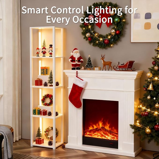 RGBCW Floor Lamp with Shelves, LED Smart Modern Floor Lamp with Music Sync, Color Changing Corner Display Shelf Lamp, Standing Lamp with Shelves for Living Room and Bedroom, Office, White