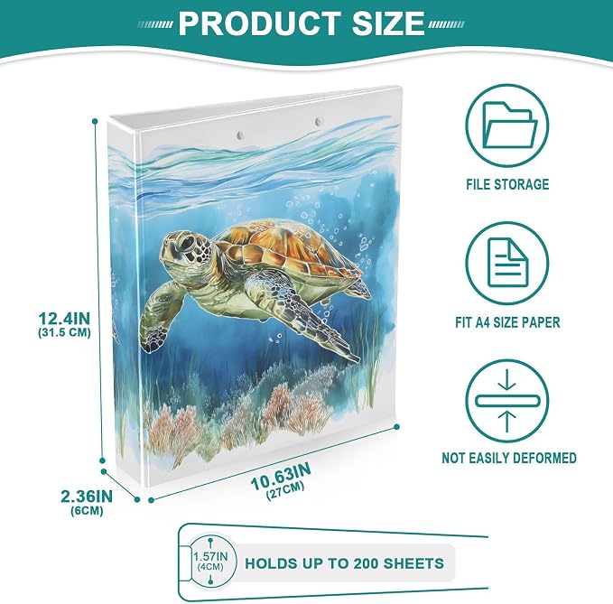 ALAZA 3 Ring Binder Sea Turtle Watercolor Clipboard Round Ring Binder Holds 1.5 Inch Three Ring Binder Heavy Duty Ring Binders for Office Supplies, 1Pack