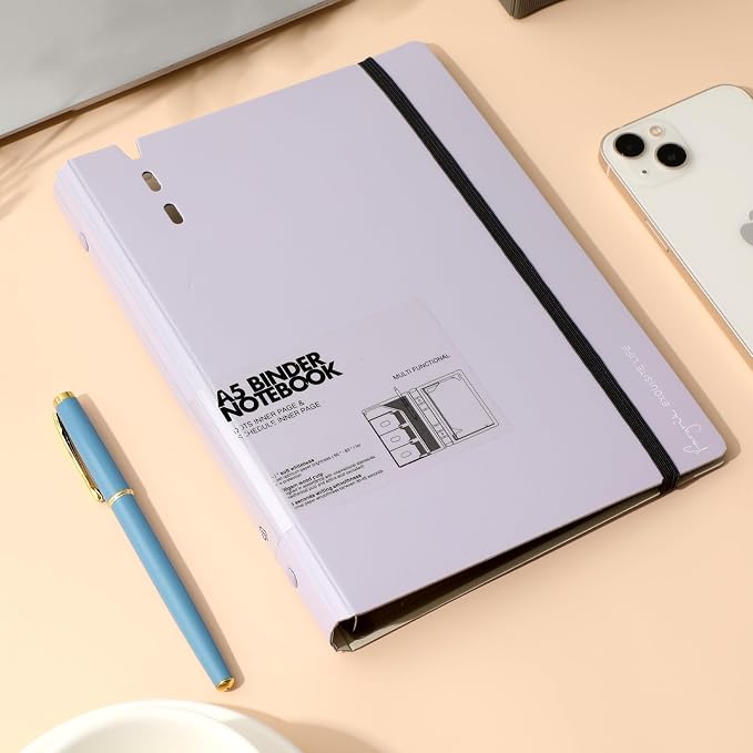 CAGIE A5 Binder 6 Ring Refillable Notebook with Dividers & Pockets | Daily Planning Square Ruled and Dotted Pages, Refill Paper Included, 6.89 x 9.25 In (Purple, A5 Daily & Dot Page)
