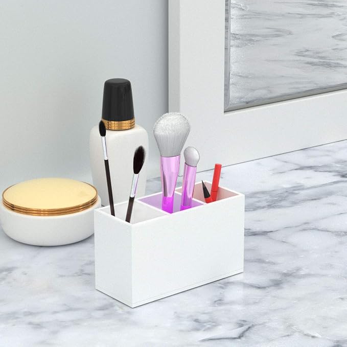 NIUBEE Acrylic Pen Holder 3 Compartments, White Pencil Organizer Cup for Countertop Desk Accessory Storage | Scratch-resistant thick acrylic with 3 slots for pens, pencils, makeup brushes, office, vanity and school use