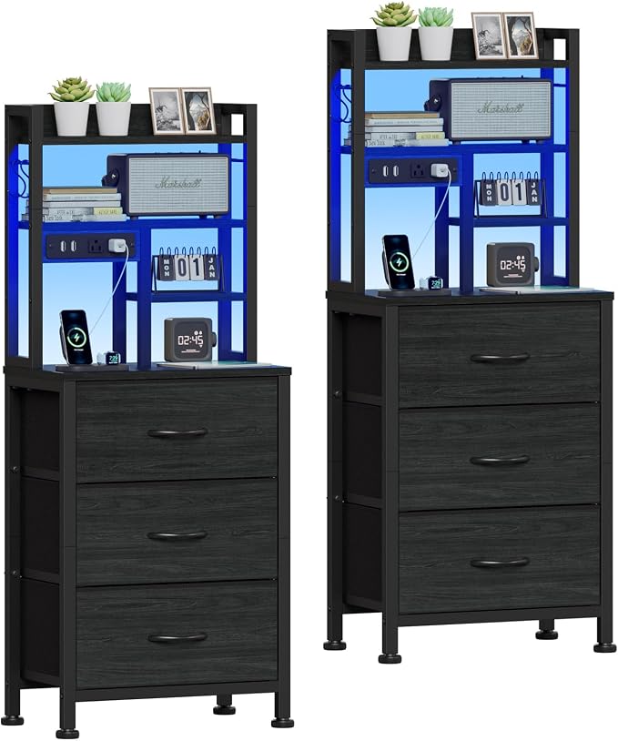 Black Nightstands Set of 2, Tall Night Stand with Charger Station | 3 Fabric Drawers and Led Lights, USB Ports & type-C, 4-Tier Storage Shelves, Tall Bed Side Table for Bedroom/Dorm/Office