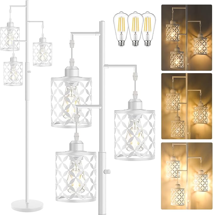 Dimmable Floor Lamp, Farmhouse Standing Lamp with Elegant Metal Cage, Industrial Tall Tree Floor Lamps for Living Room Bedroom Study Room Office, 3 x 800LM LED Bulbs Included - 72", White