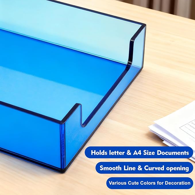 Paper Tray Acrylic File Organizer for Desk Letter Tray Desk Organizer Document Holder Sorter Storage for A4 Office Supplies Magazines, 13.8x10.6x2.4 Inches, Blue