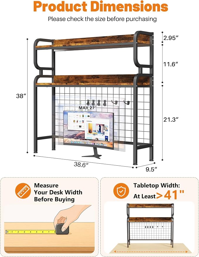 BYMECOST 38.6" Desktop Hutch Bookshelf,2-Tier Desk Shelf with Pegboard | Heavy-Duty Desktop Bookcase With Grid Panel and Hook, Desk Hutch for Computer in Offices or Dorms