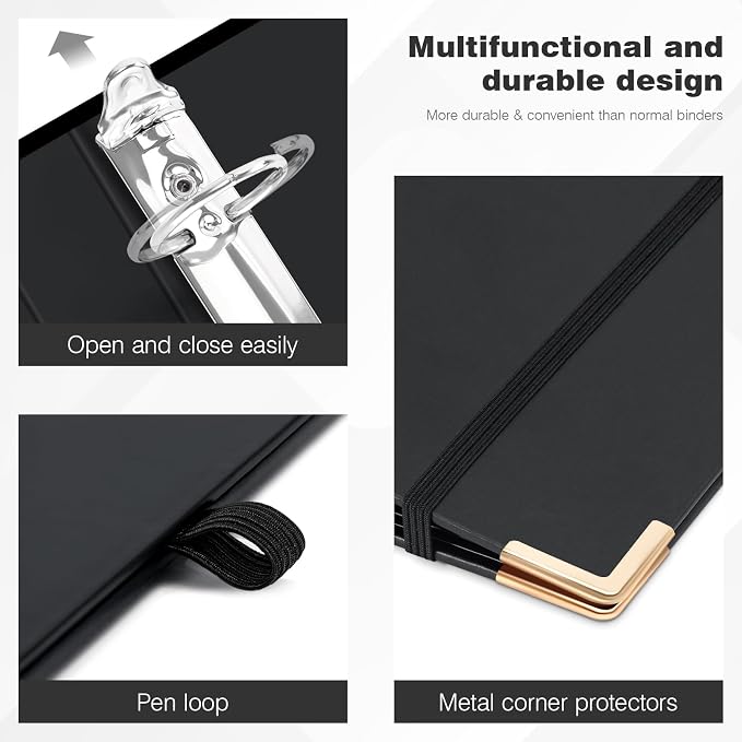 Ospelelf 3 Ring Binder, 1.5 Inch, Cute Letter Size (11" x 8.5") with 5 Tab Dividers, File Folder Labels and Low Profile Clipboards, Black Binder for School and Office Supplies