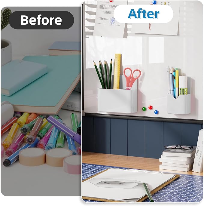 Marbrasse Magnetic Dry Erase Marker Holder,Pen and Eraser Holder for Whiteboard，Magnet Pencil Cup Utility Storage Organizer for Office, Refrigerator, Locker and Metal Cabinets (White)