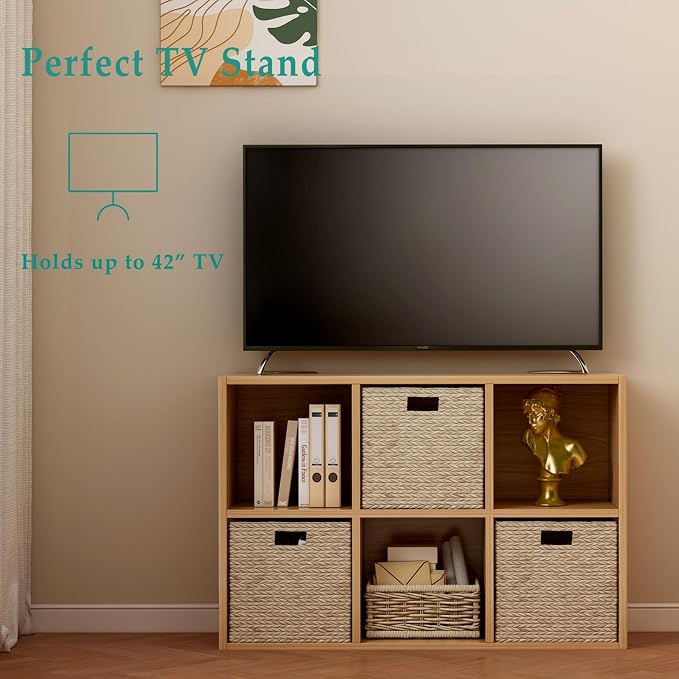 6-Cube Storage Shelf Bookcase, Oak | Wooden 3-Tier Open Bookshelf, Fits 11×11" Bins, Vertical or Horizontal Use, Full Back Panels, For Home Office