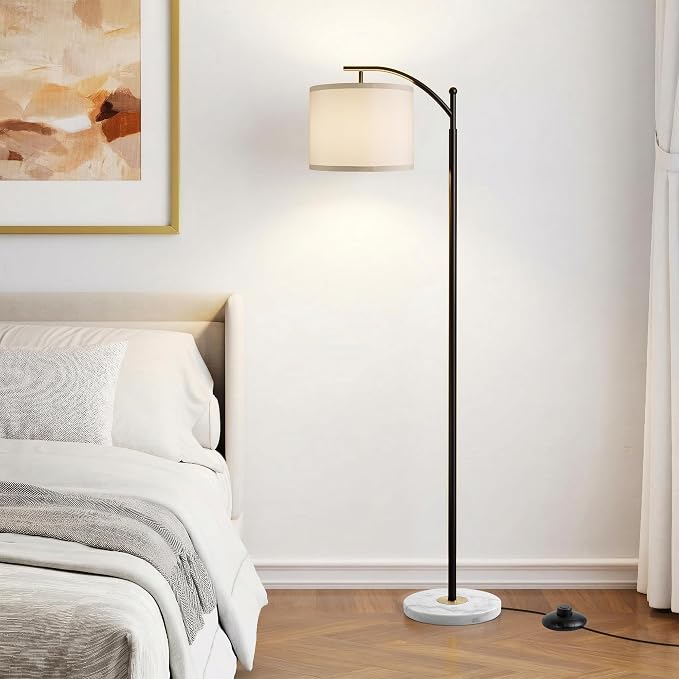 Floor Lamp for Living Room with Marble Base, Modern Standing Lamp with 3 Color Temperatures Bulb & Adjustable Linen Shade, Tall Lamp for Bedroom Office Reading Nursery