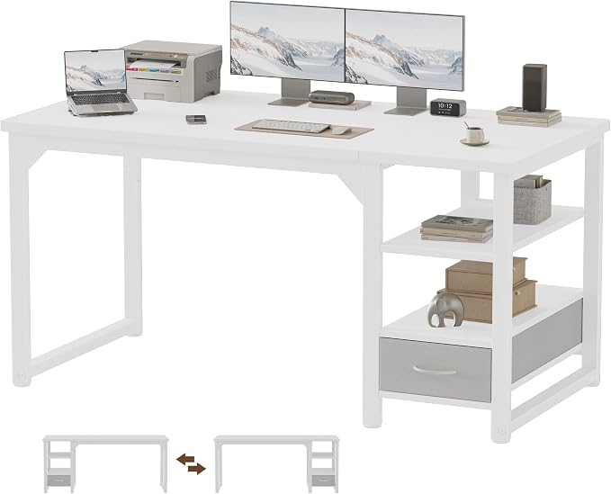 54 in Computer Desk with Drawer, 1" Thick Reversible Office Desk | Large Modern Writing Table with Storage Shelves, Heavy Duty Industrial Executive Desk for Home Bedroom Study Work