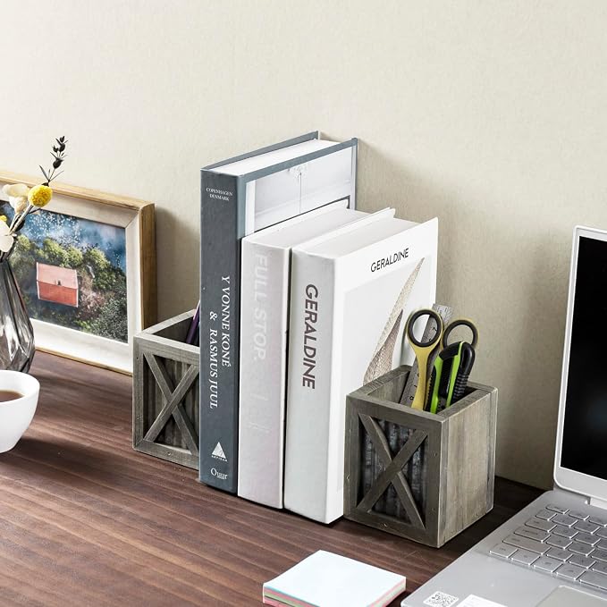 MyGift Gray Wood Bookends with Pen Holder, Galvanized Metal Accent | Integrated storage compartments organize writing utensils and office supplies while supporting books on desks, shelves