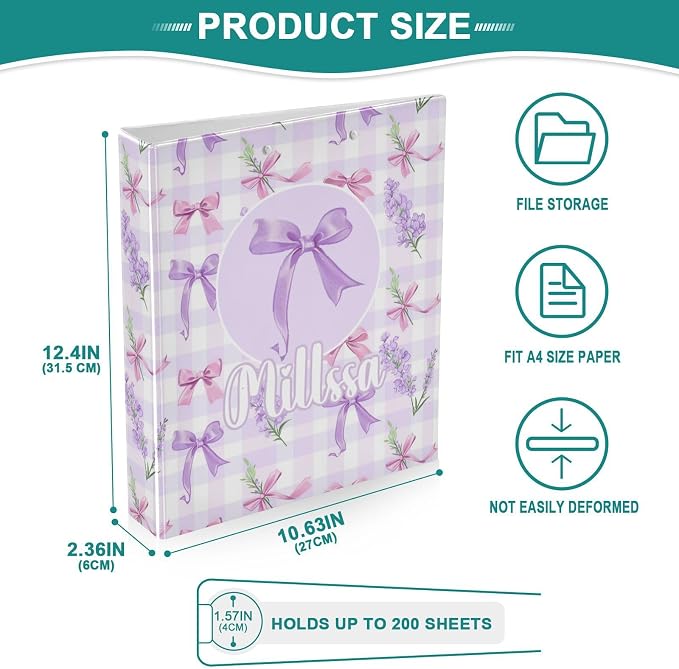 Lavender Ribbon 3 Ring Binder with Clipboard Round Ring Binders Bows Personalized Binder 3 Interior Clear Pockets for Office Supplies 2 Pack