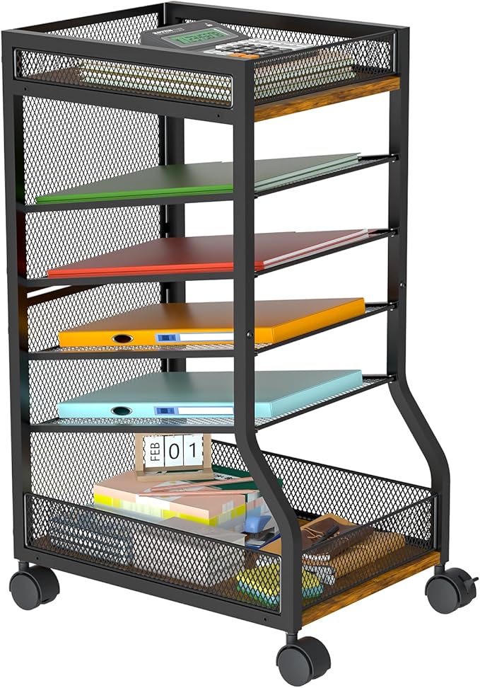 6-Tier Standing File Organizer, Rolling Under Desk Organizer for Office | with Sliding Mesh Paper Letter Trays, Slim Rolling File Cart Under Desk File Holder for Home/Office/Study Organization