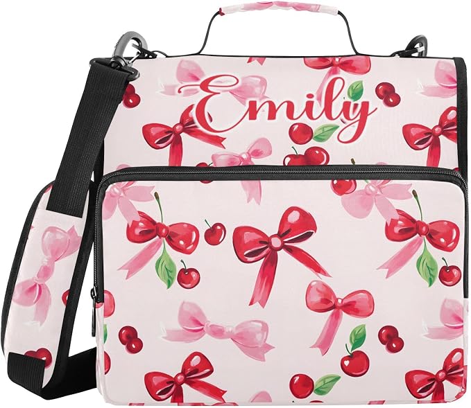 Custom Personalized Name Cherries Red Bows Zipper Binder 3 Ring